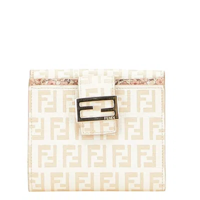 Pre-owned Fendi Zucchino Beige Ivory Pvc Leather Wallet (bi-fold) () In Multi