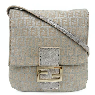 Pre-owned Fendi Zucchino Beige Silver Canvas Leather Pochette Shoulder Bag () In Beige, Silver