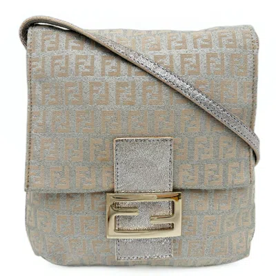 Pre-owned Fendi Zucchino Beige Silver Canvas Leather Pochette Shoulder Bag () In Beige, Silver