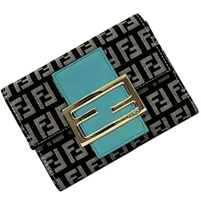Pre-owned Fendi Zucchino Black Blue Canvas Leather Wallet (tri-fold) () In Multi