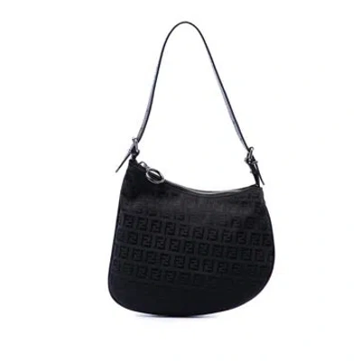 Pre-owned Fendi Zucchino Canvas Oyster Shoulder Bag In Black