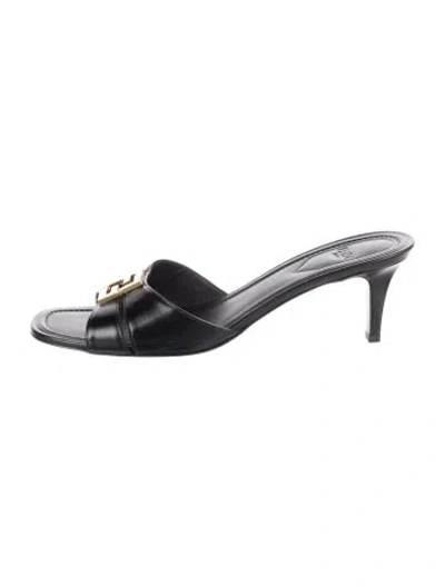 Pre-owned Fendi Zucchino Ff Logo Leather Slides In Black