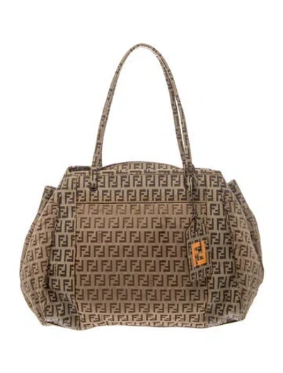 Pre-owned Fendi Zucchino Ff Logo Tote Vintage In Neutrals