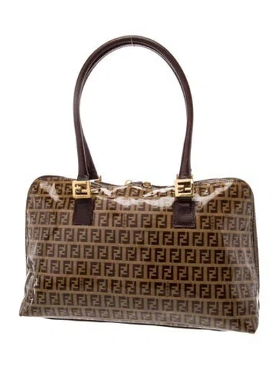 Pre-owned Fendi Zucchino Ff Roll Tote In Brown