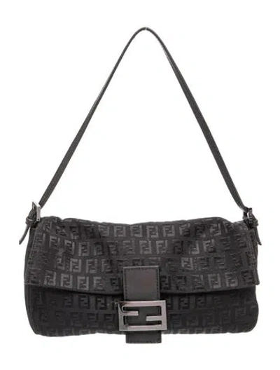 Pre-owned Fendi Zucchino Ff Shoulder Bag In Black