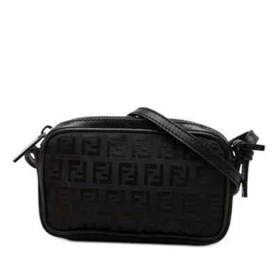 Pre-owned Fendi Zucchino Ff Zip Crossbody Mini In Black