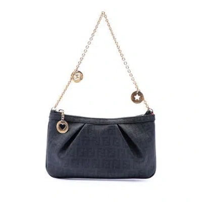Pre-owned Fendi Zucchino Spalmati Chain Pochette In Black