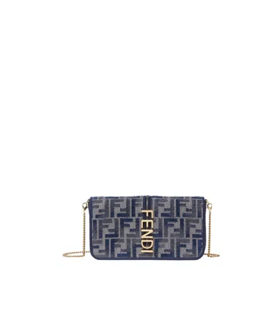 Fendi Dark Blue Ff Chenille Wallet In Gray