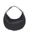 Fendi Women Hobo Graphy Black Leather Handbag With Metal Logo Woman In Black