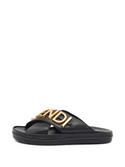 Pre-owned Fendi Graphy Cross-strap Slides In Black