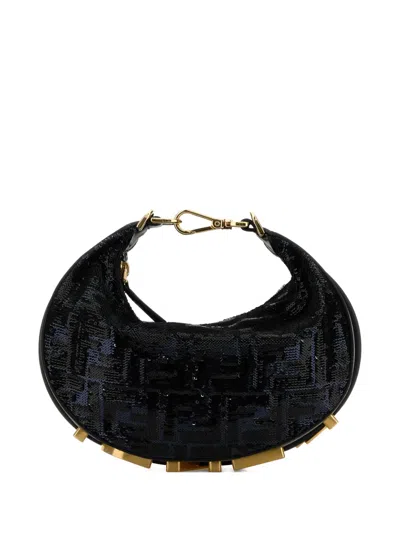 Fendi Blue Leather Satchel Mini Embroidery In Black