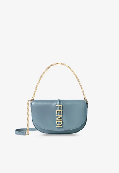Fendi Graphy Leather Chain Clutch In Blue