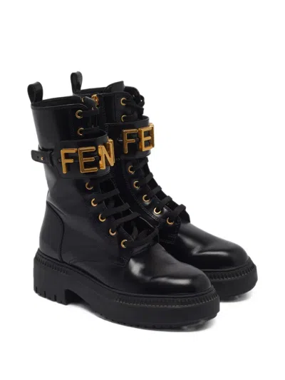 Pre-owned Fendi Graphy Leather Combat Boots In Black