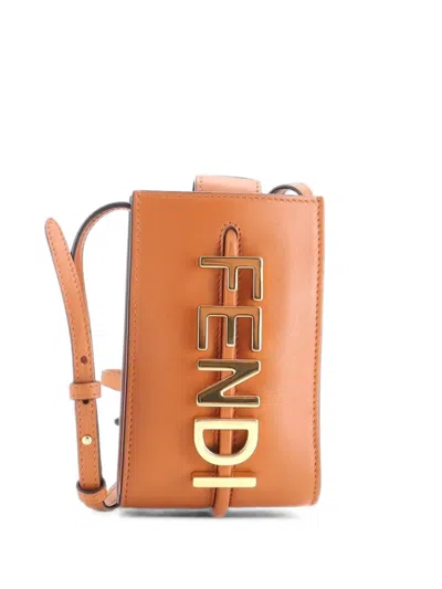 Pre-owned Fendi Graphy Phone Pouch Leather Crossbody Bag In Brown
