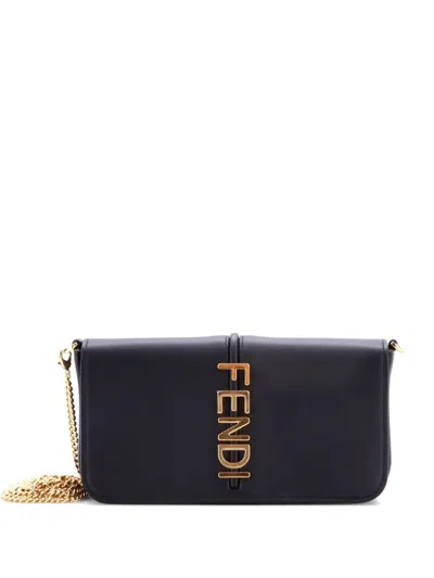 Pre-owned Fendi Graphy Wallet On Chain Leather Crossbody Bag In Black