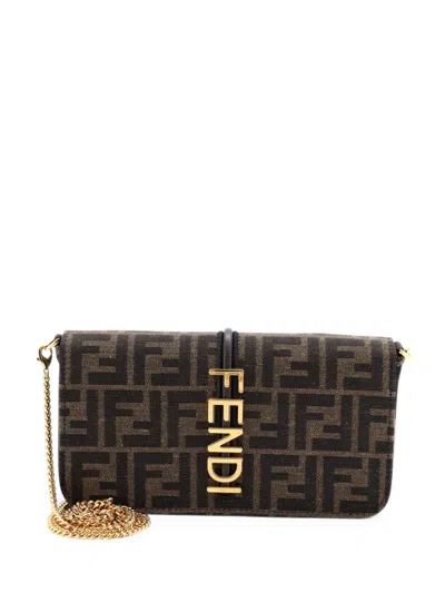 Pre-owned Fendi Graphy Wallet On Chain Zucca Canvas Clutch Bag In Brown