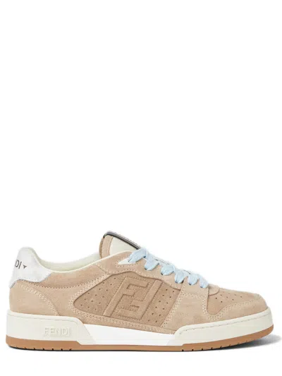 Fendi -inspired Leather Sneaker With Tape Ribbon Tongue, Ff Embossing & Perforated Detail In Beige