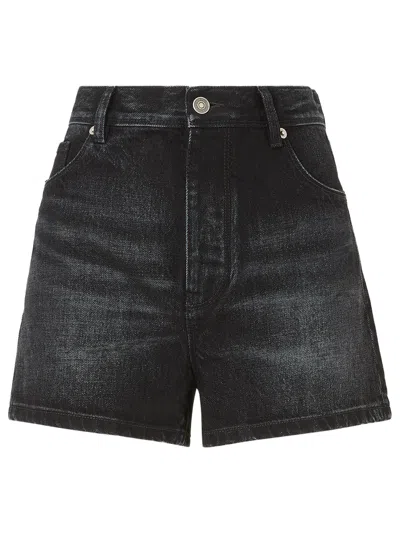 Fendi -style Slim-fit Mini 5-pocket Shorts With Yellow Stitching & Leather Logo Back Strap In Black