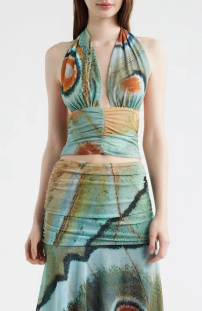 Feners Festa Print Plunge Halter Neck Crop Top In Multi