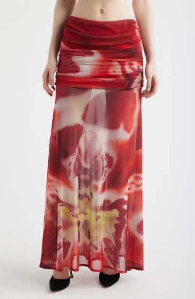 Feners Susurro Print Ruched Mesh Maxi Skirt In Pink