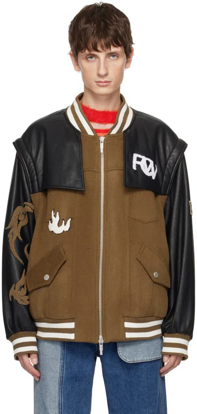 Feng Chen Wang Brown & Black 'phoenix' Bomber Jacket In Khaki/black