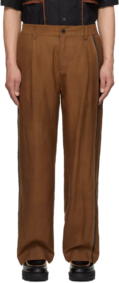 Feng Chen Wang Brown Gambiered Silk Trousers In Dark Brown