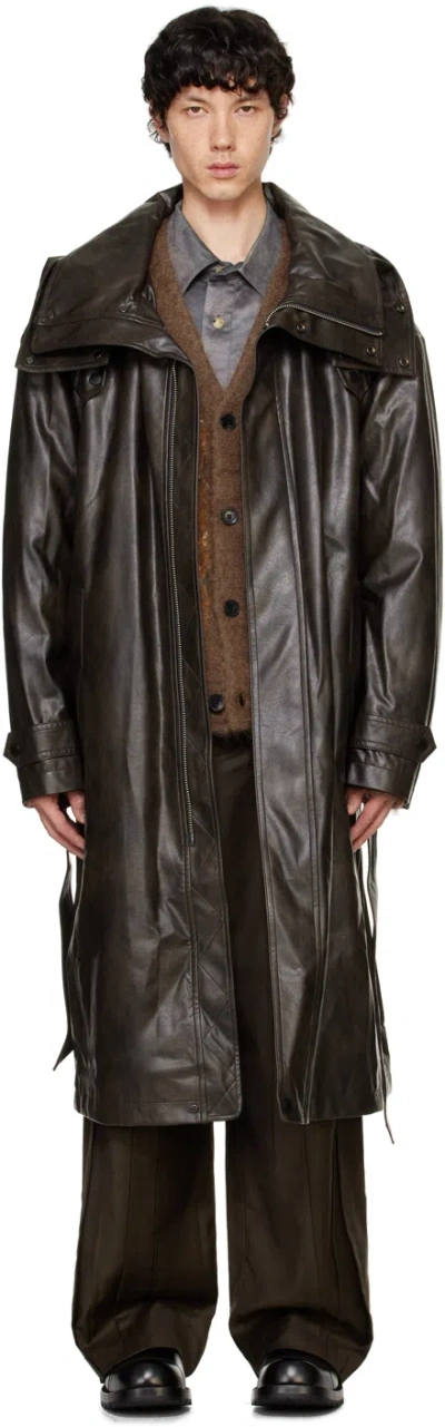 Feng Chen Wang Brown Hooded Faux-leather Coat In Black Brown