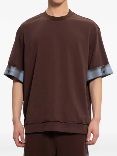 Feng Chen Wang Check-cuff Layered-hem T-shirt In Brown