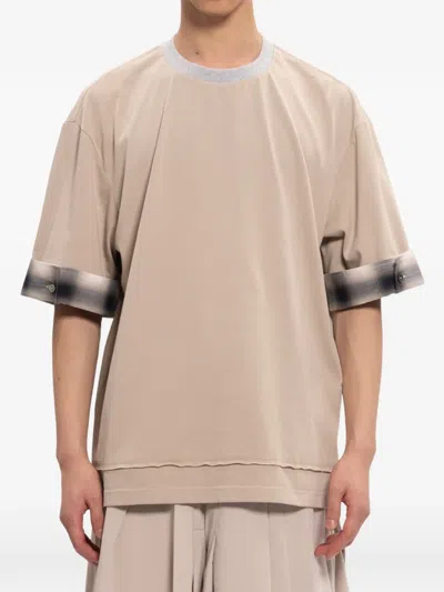Feng Chen Wang Checked-cuff Layered-hem T-shirt In Brown