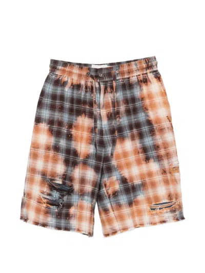 Feng Chen Wang Check-pattern Distressed Shorts In Brown