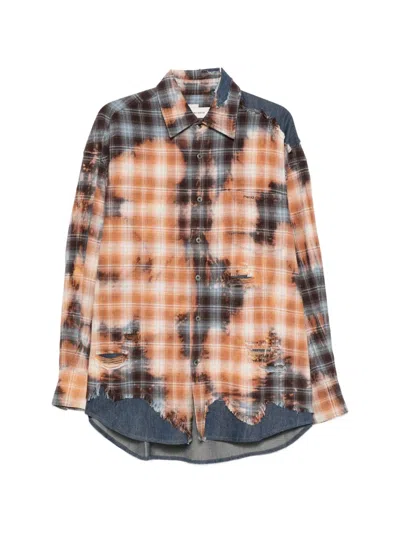 Feng Chen Wang Check-print Distressed-finish Shirt In Orange