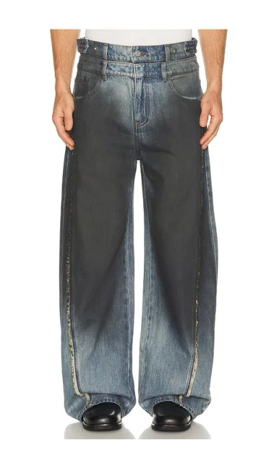 Feng Chen Wang Double Waist Gradient Indigo Denim Trousers In Blue