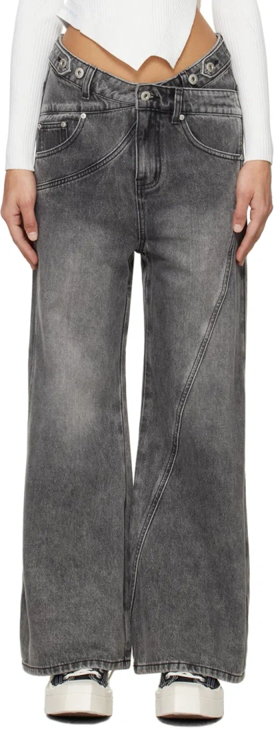 Feng Chen Wang Gray Cross Waistband Jeans In Black