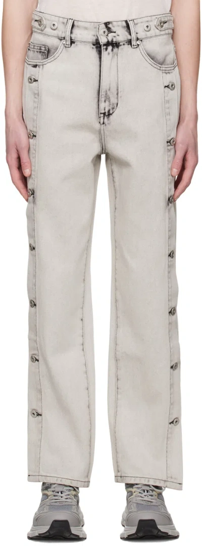 Feng Chen Wang Buttoned Side Acid Washed Jeans In Black White