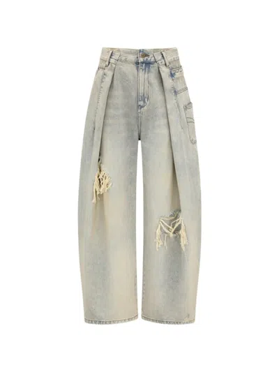 Feng Chen Wang Pleated Distressed Jeans In Gray