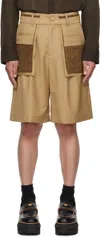 Feng Chen Wang Tan Deconstructed Patchwork Shorts In Khaki