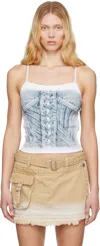 Feng Chen Wang White & Blue Denim Printed Tank Top In Blue