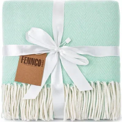 Fennco Styles Aqua Herringbone Fringed Throw Blanket