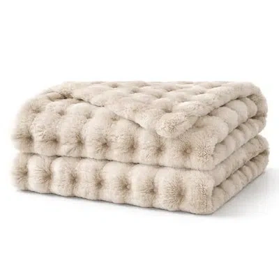 Fennco Styles Beige Faux Fur Plush Throw Blanket 50" X 60" - Ultra Soft Bubble Texture Fuzzy Blanket In Brown