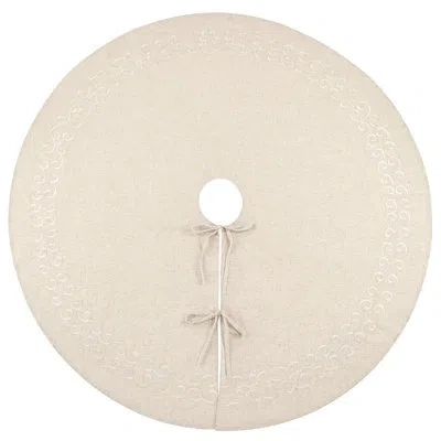 Fennco Styles Beige Holiday Embroidered Swirl Design Linen Blend Christmas Tree Skirt Round