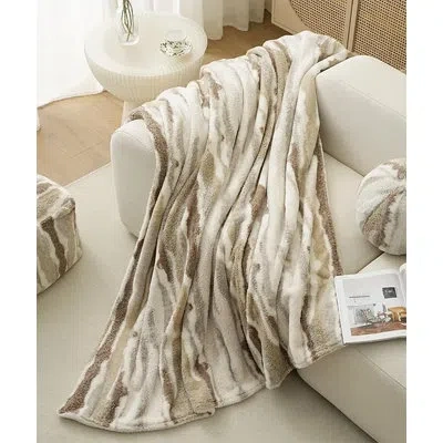 Fennco Styles Beige Plush Stripe Faux Fur Fleece Reversible Throw Blanket 60" W X 80" L