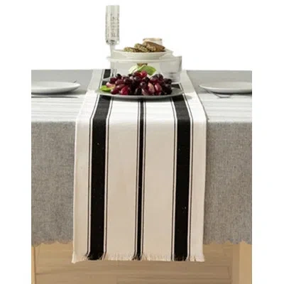 Fennco Styles Black Stripes Fringe Canvas Cotton Table Runner, 14"x71"