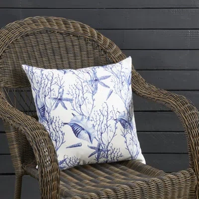 Fennco Styles Blue Nautical Seashell & Coral Poly Filled Indoor & Outdoor Throw Pillow 18" W X 18" L