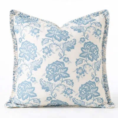 Fennco Styles Blue Vintage Garden Floral Throw Pillow Cover 18" X 18" - French Country Cottage Decorative Cotton B