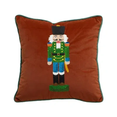 Fennco Styles Brown Embroidered Sequin Nutcracker Velvet Throw Pillow Cover 18" W X 18" L