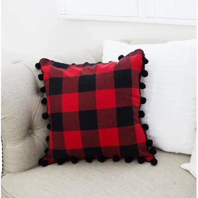 Fennco Styles Buffalo Plaid Red-black Velvet Pom Pom Trim Decorative Throw Pillow With Inserts In Pillow Cover Only - No Insert