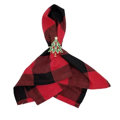 Fennco Styles Buffalo Plaid Red-black Velvet Pom Pom Trim Design Cloth Napkins, Set Of 4