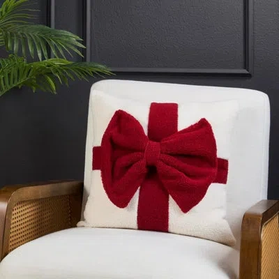 Fennco Styles Christmas Bow Throw Pillow Cover, White Plush Sherpa Gift Box Decorative Accent Pillow Case In Multi