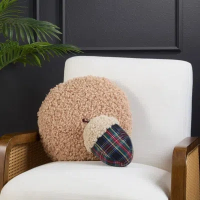 Fennco Styles Christmas Multicolor Plaid Acorn Filled Throw Pillow 6"x9", Plush Sherpa Decorative Accent Pillow In Brown