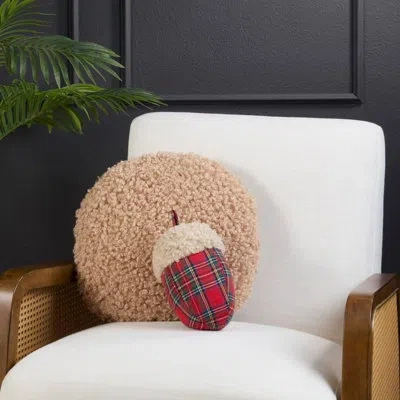 Fennco Styles Christmas Red Plaid Acorn Filled Throw Pillow 6"x9", Plush Sherpa Decorative Accent Pillow In Multi